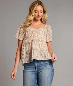 BKE Ditsy Floral Pleated Henley Cream Brown Online