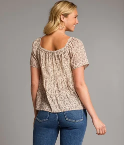 BKE Ditsy Floral Pleated Henley Cream Brown Online