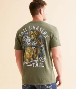 Tail Chasers Club Dog & Duck T-Shirt Moss Pigment Dye New