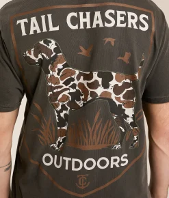 Tail Chasers Club Dog Outdoors T-Shirt Vintage Black Pigment Dye Clearance