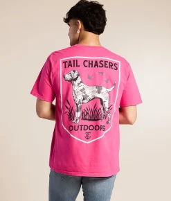 Tops|Graphic T-Shirts | Tail Chasers Club Dog Outdoors T-Shirt Carmine Rose Pigment Dye