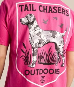 Tops|Graphic T-Shirts | Tail Chasers Club Dog Outdoors T-Shirt Carmine Rose Pigment Dye