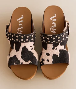 Very G Dolly Cow Print Wedge Sandal Black New