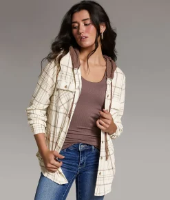 BKE Eased Plaid Hooded Shirt IVORY BROWN Hot