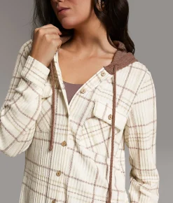 BKE Eased Plaid Hooded Shirt IVORY BROWN Hot