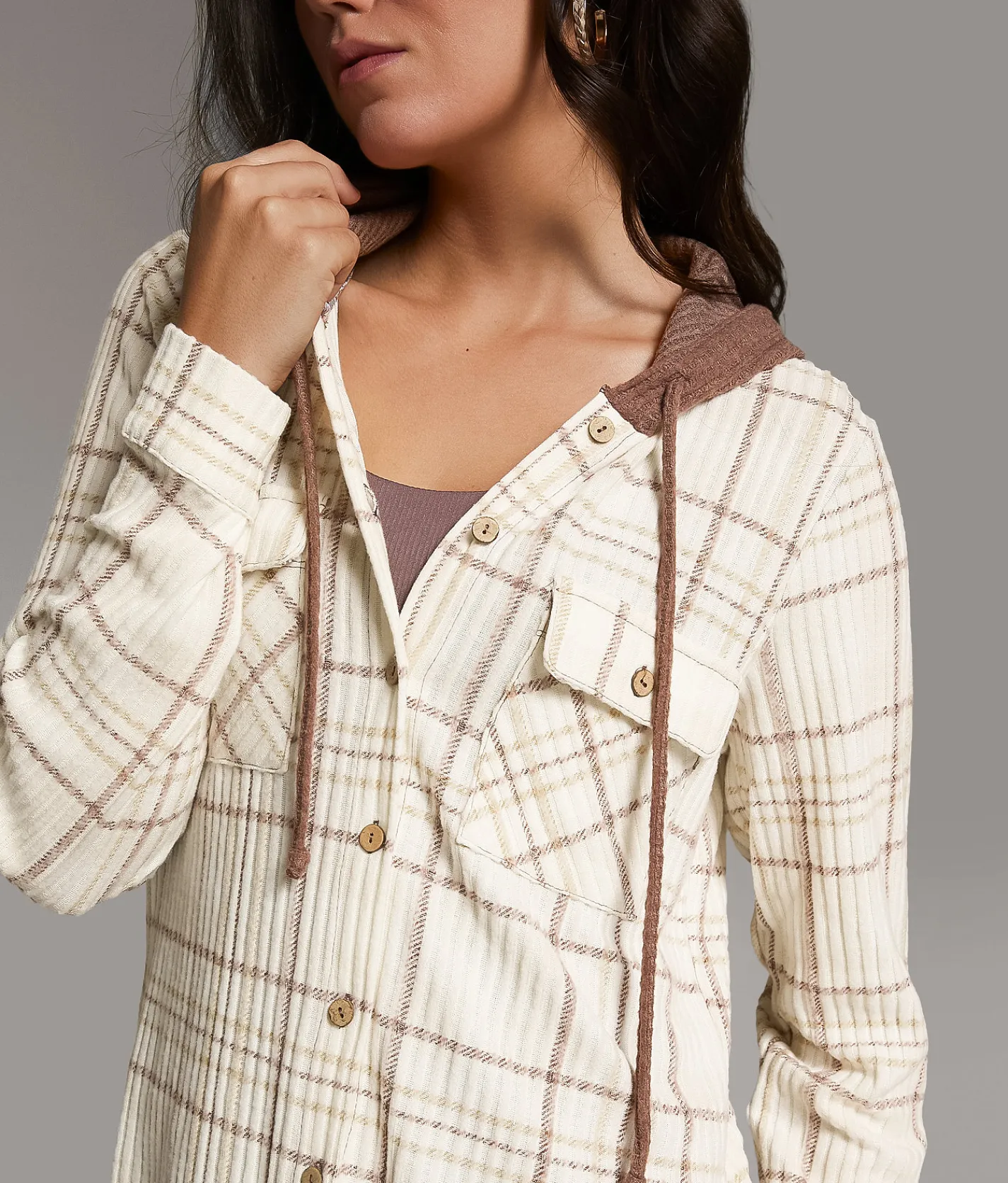 BKE Eased Plaid Hooded Shirt IVORY BROWN Hot
