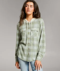 Tops | BKE Eased Plaid Hooded Shirt Olive Cream