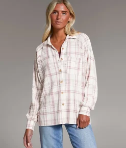 Tops | BKE Eased Plaid Shirt Cream Mauve