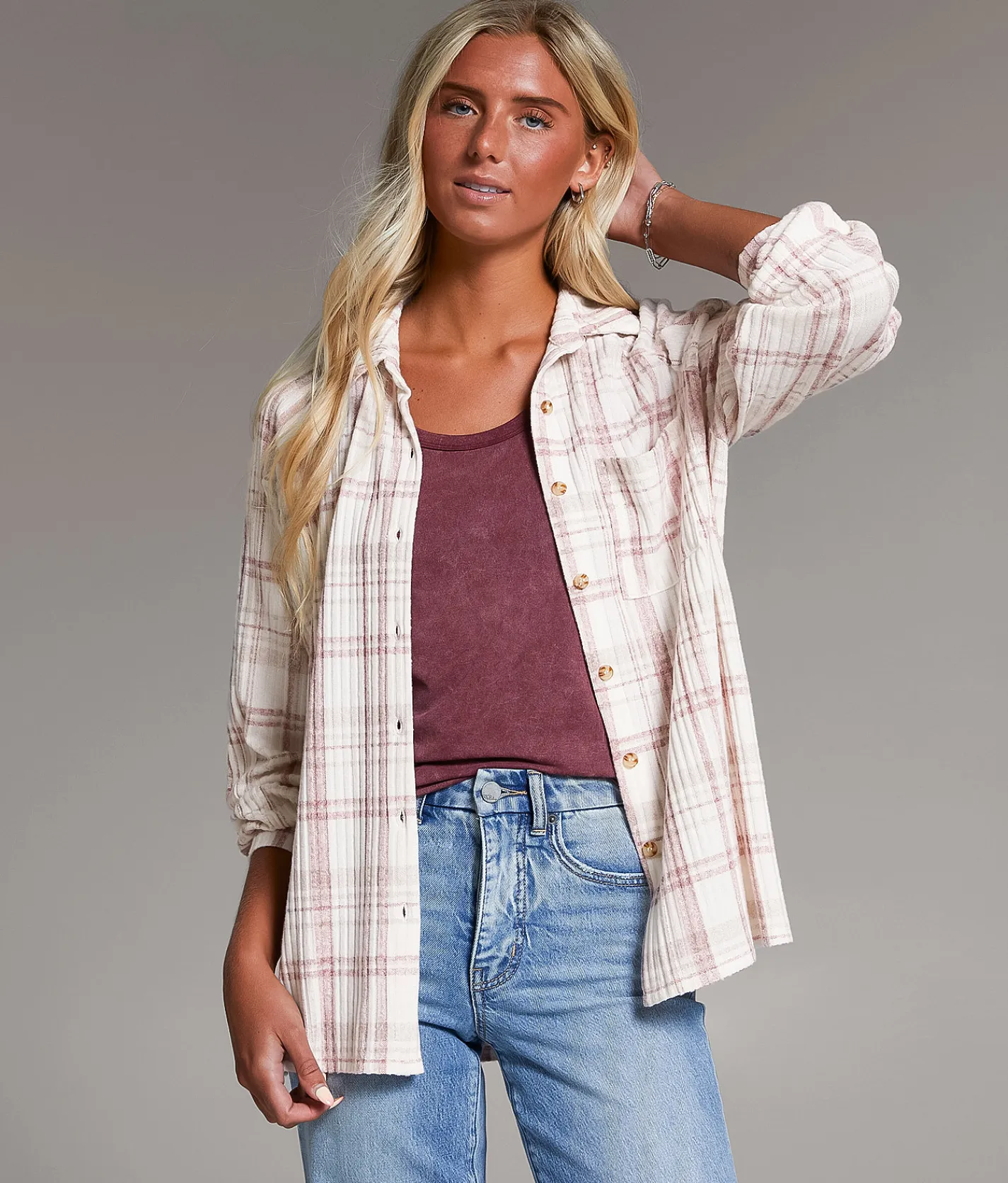 Tops | BKE Eased Plaid Shirt Cream Mauve