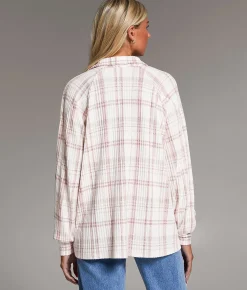 Tops | BKE Eased Plaid Shirt Cream Mauve