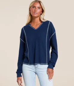 White Crow Elliot Waffle Knit Top Midnight Blue