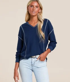 White Crow Elliot Waffle Knit Top Midnight Blue