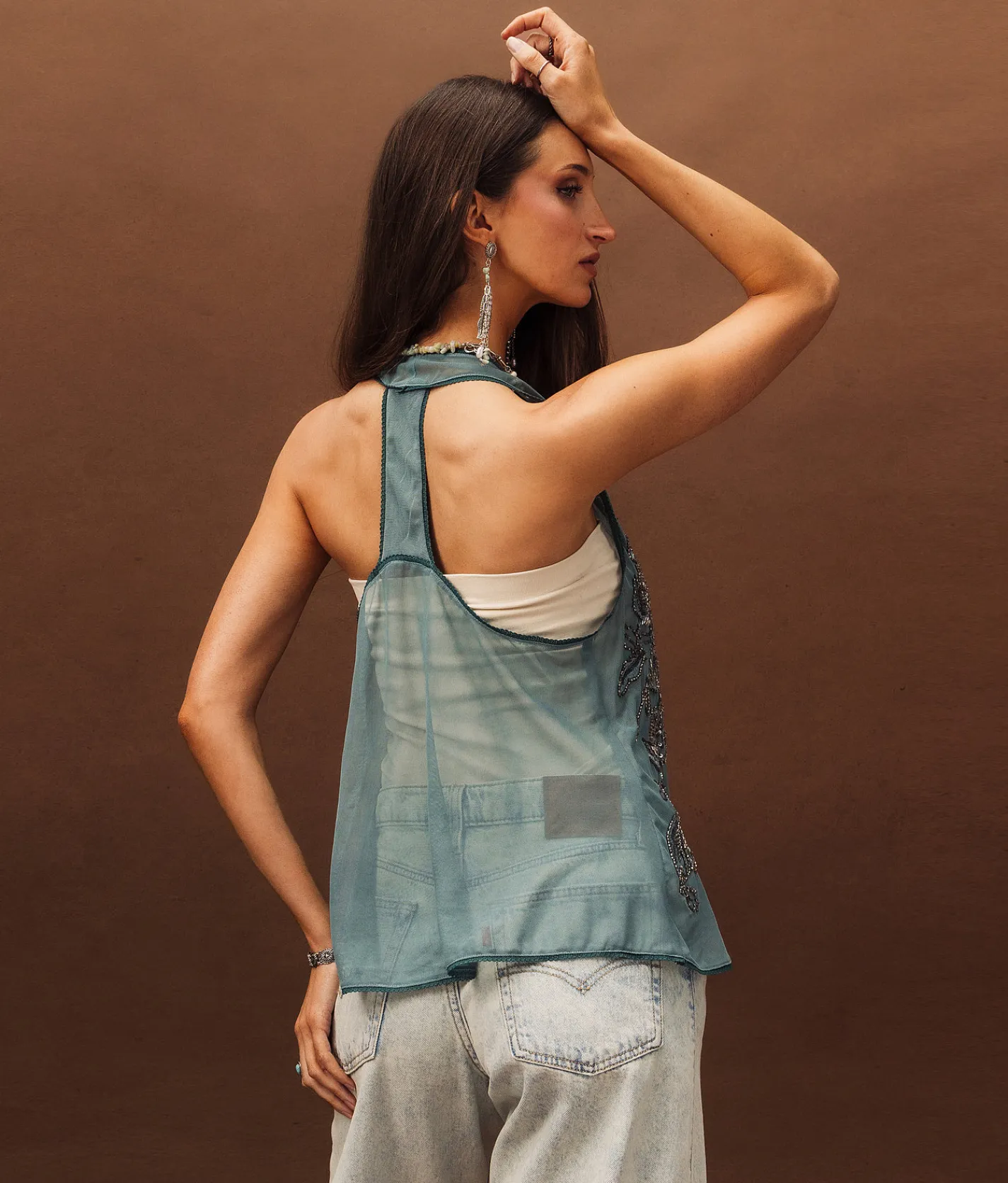 Sterling & Stitch Embellished Mesh Tank Top Turquoise Clearance