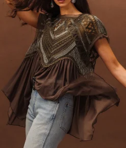 Sterling & Stitch Embellished Mesh Tank Top Brown New