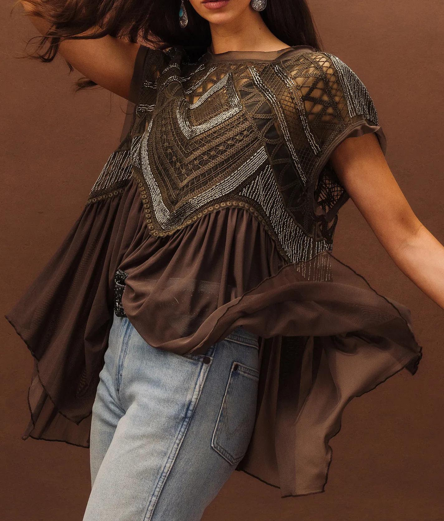 Sterling & Stitch Embellished Mesh Tank Top Brown New