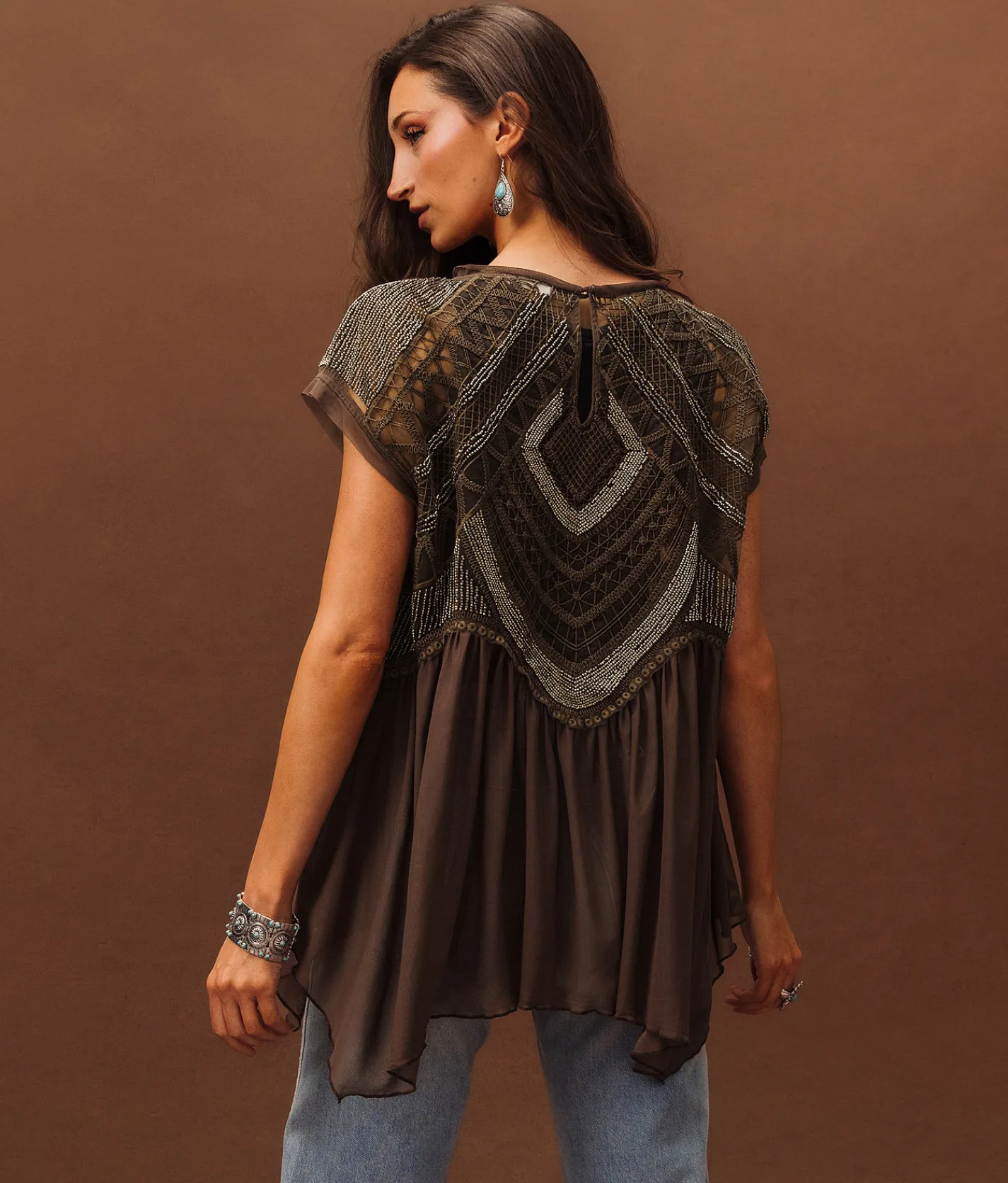 Sterling & Stitch Embellished Mesh Tank Top Brown New