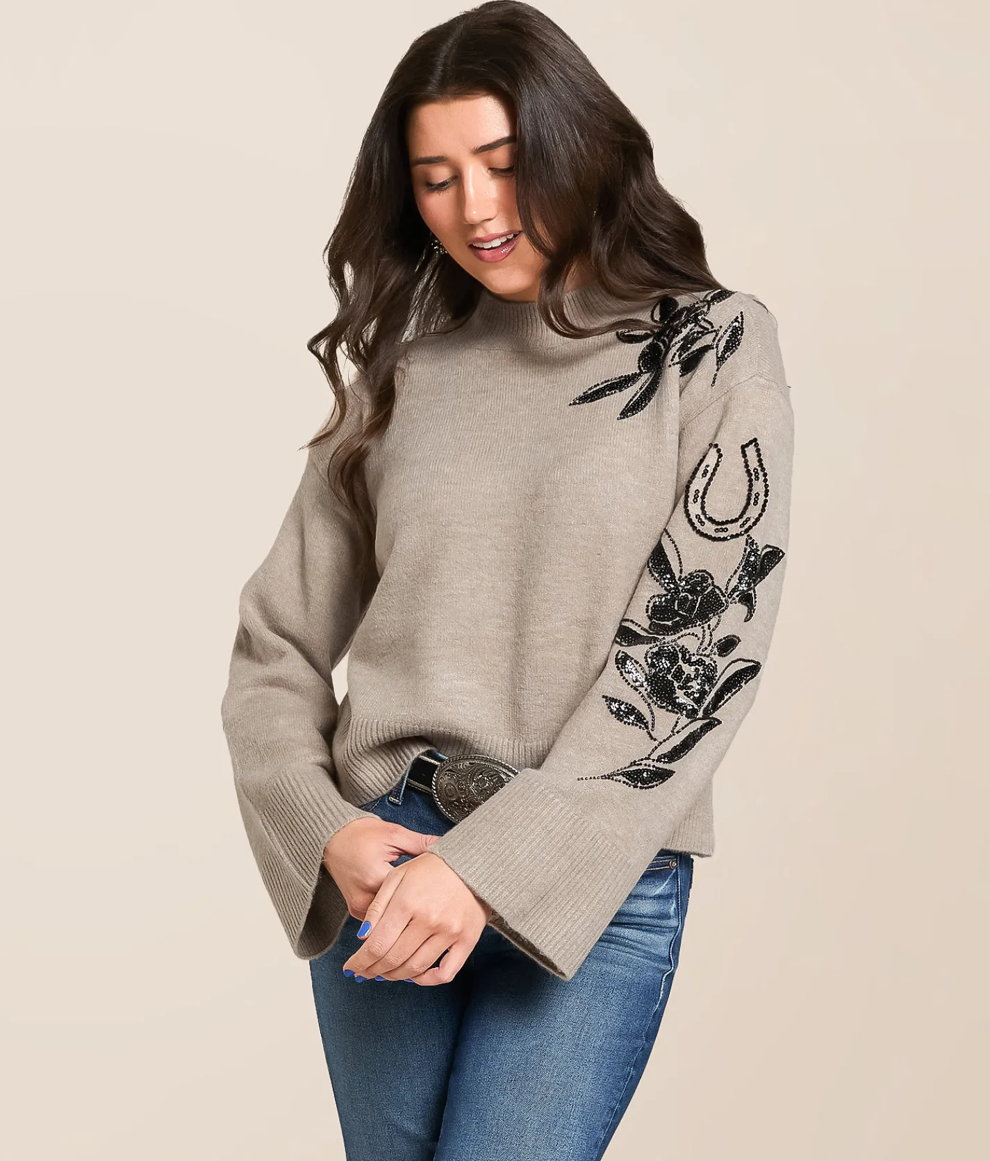 Tops | Ariat Embellished Sweater Oatmeal Heather