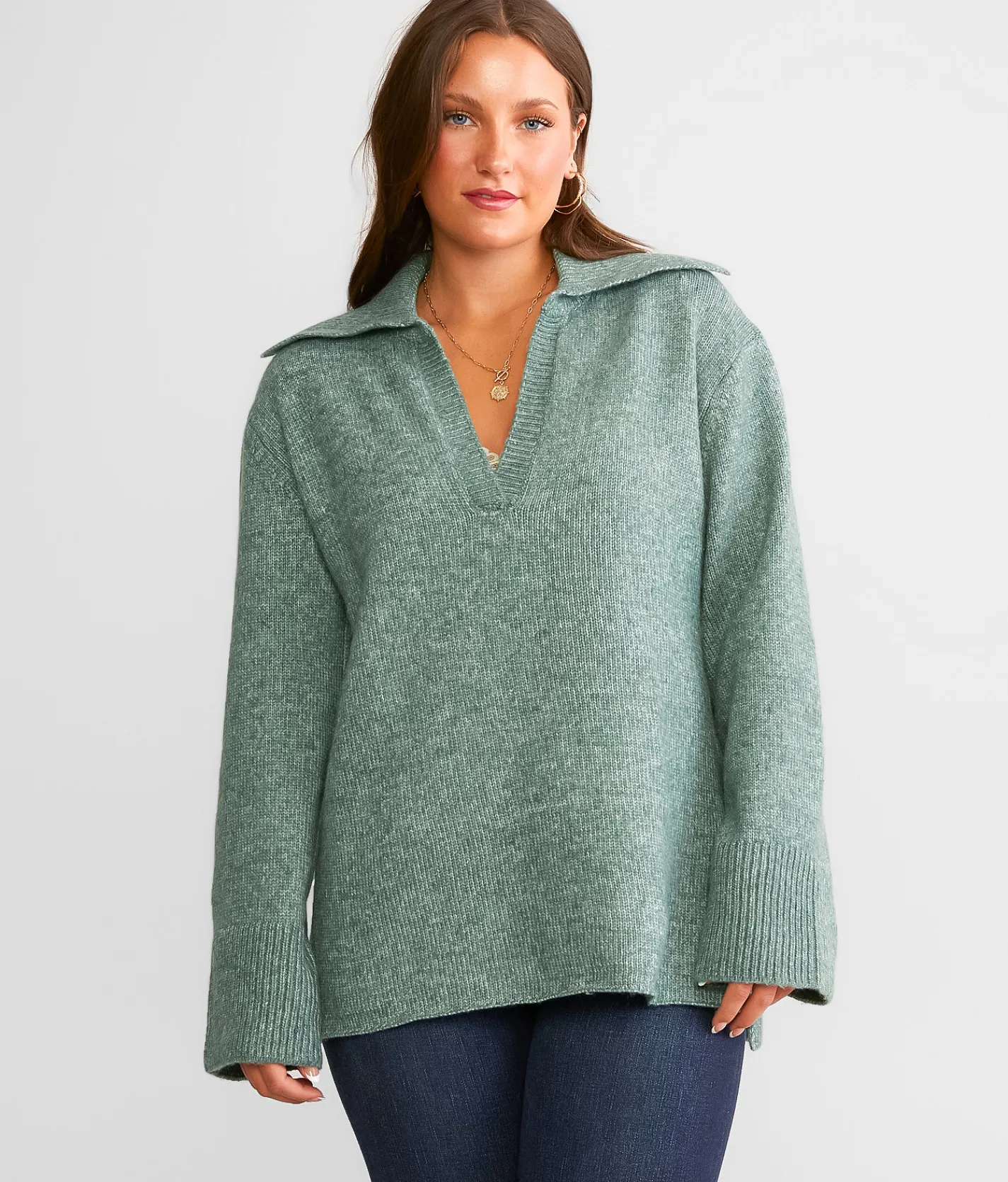 Z Supply Ember Collared Sweater Everglade Clearance