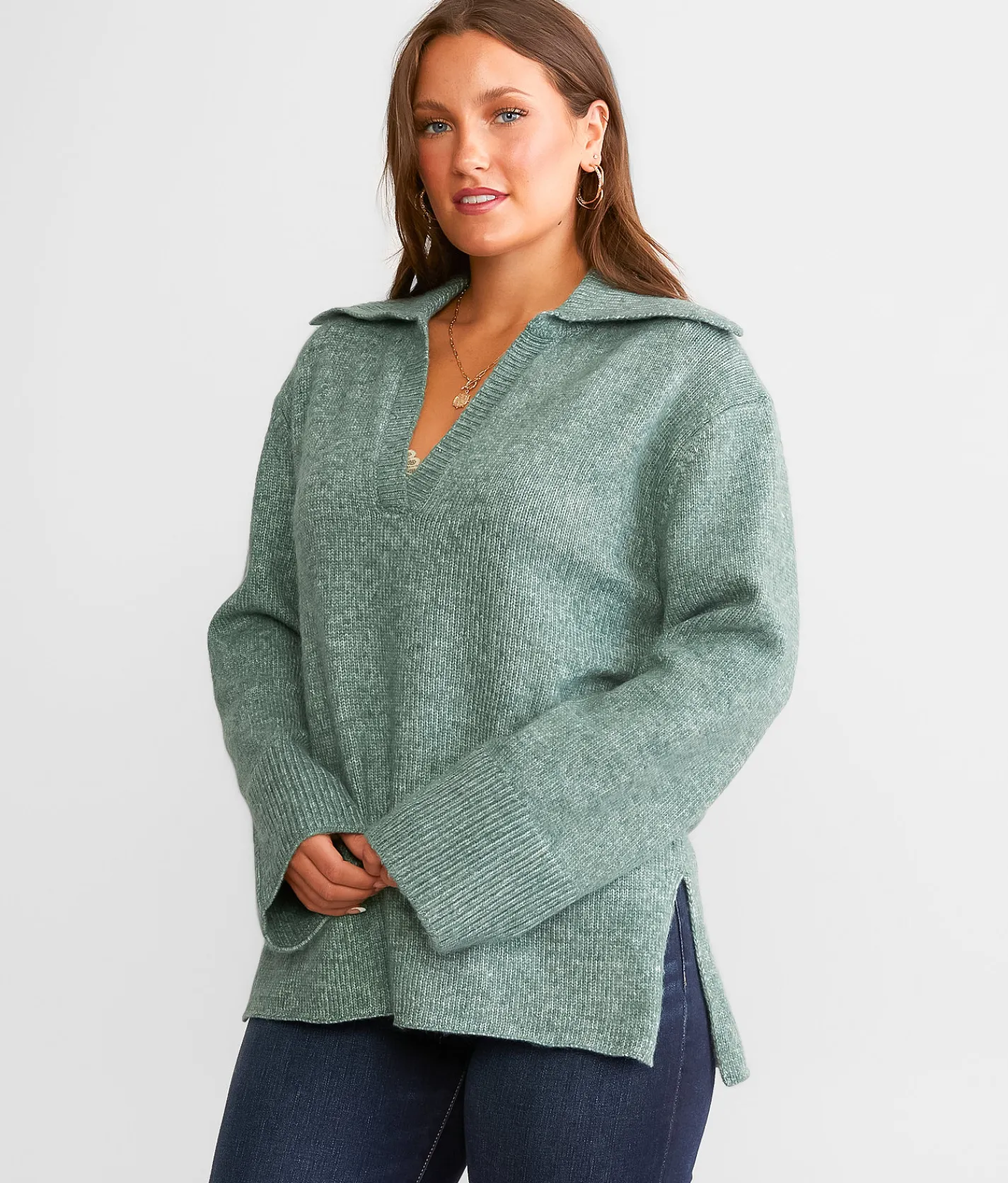 Z Supply Ember Collared Sweater Everglade Clearance