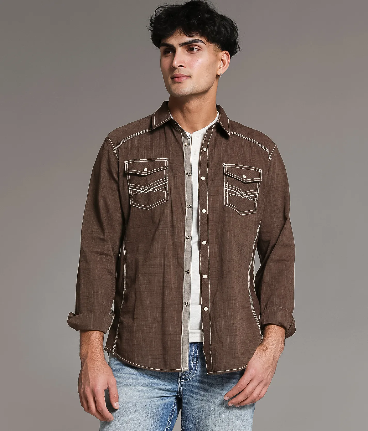 BKE Embroidered Athletic Shirt Brown Discount