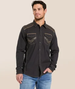Tops | Buckle Black Embroidered Athletic Stretch Shirt Black Brown
