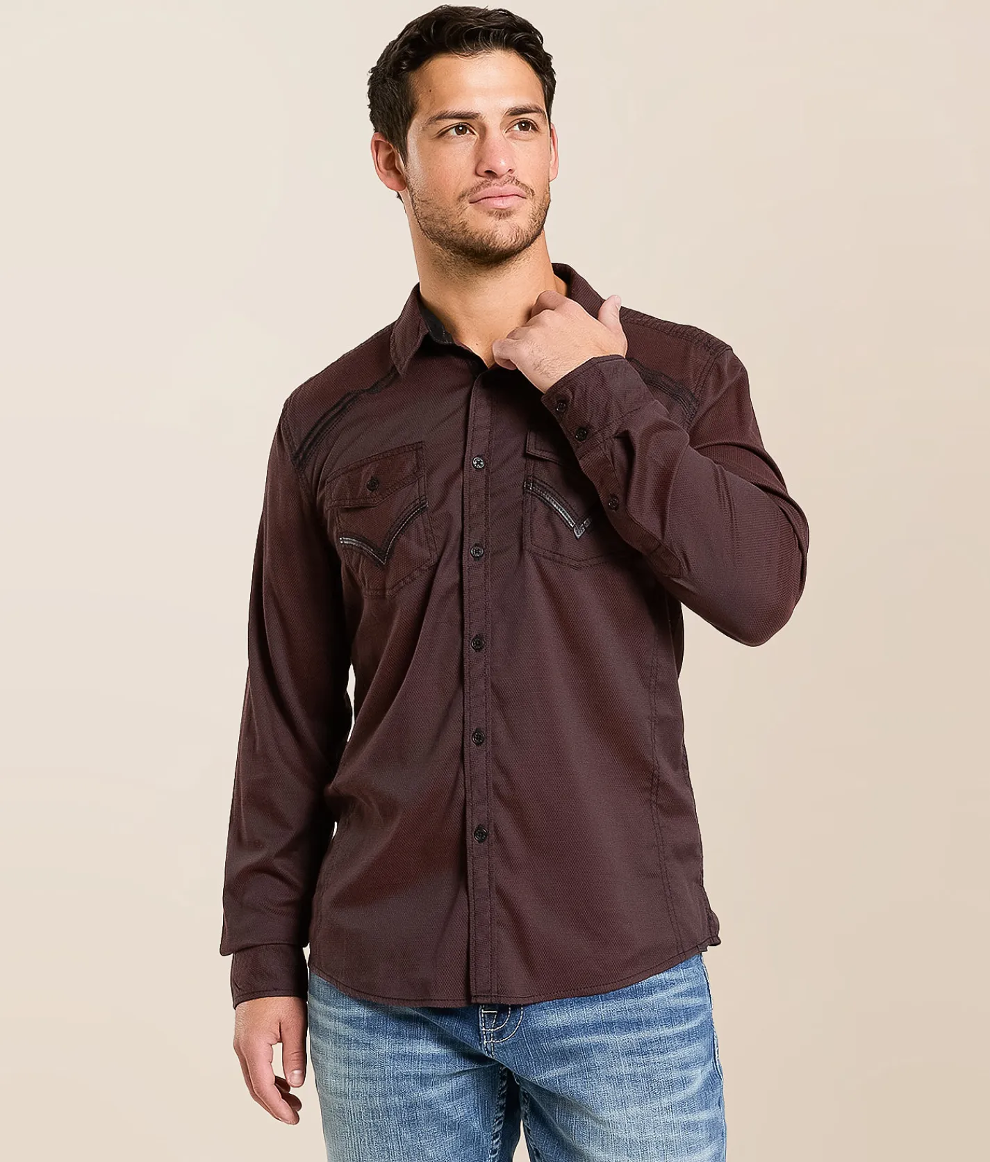 Tops | Buckle Black Embroidered Athletic Stretch Shirt Brown Black