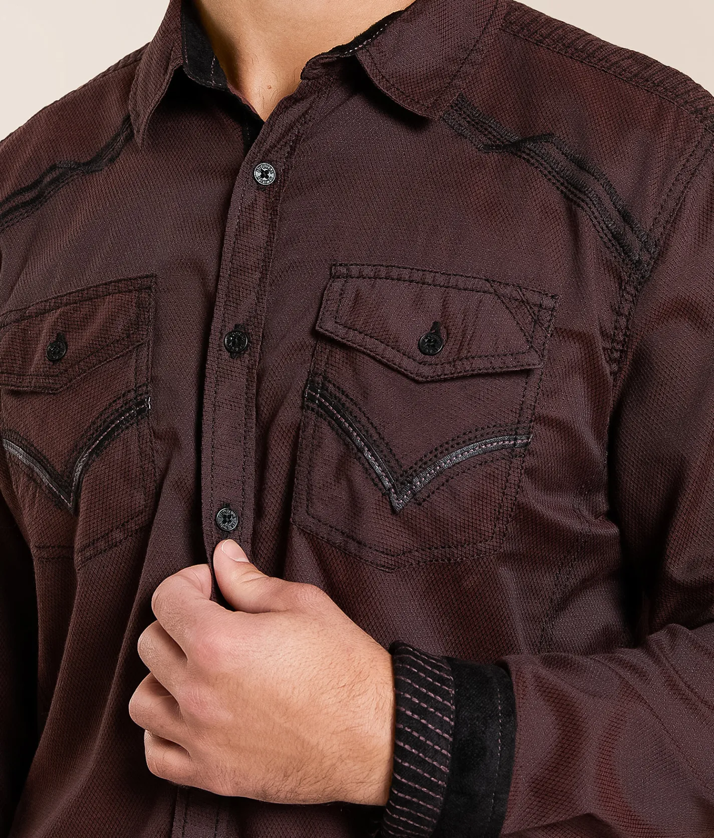 Tops | Buckle Black Embroidered Athletic Stretch Shirt Brown Black
