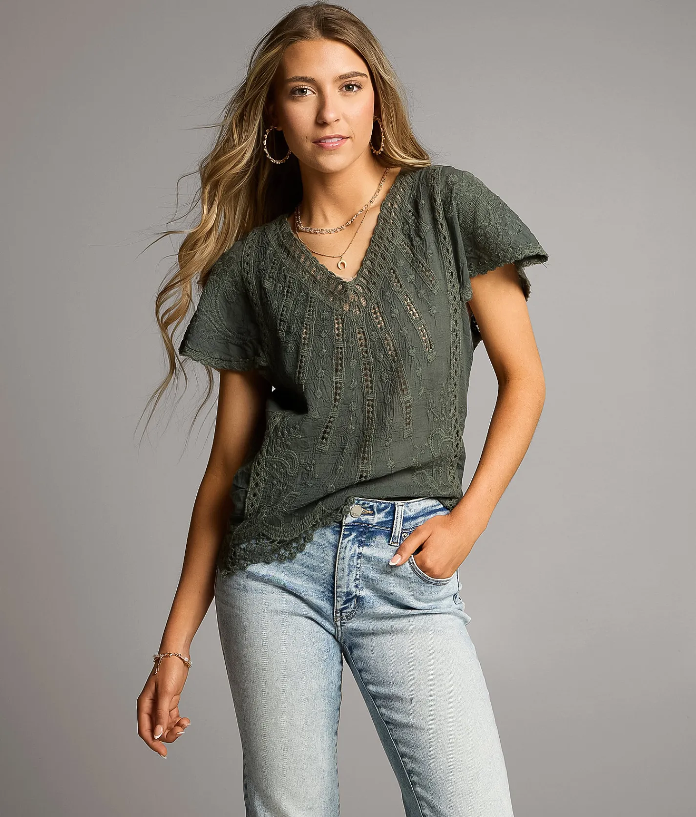 Tops | BKE Embroidered Crochet Top Thyme
