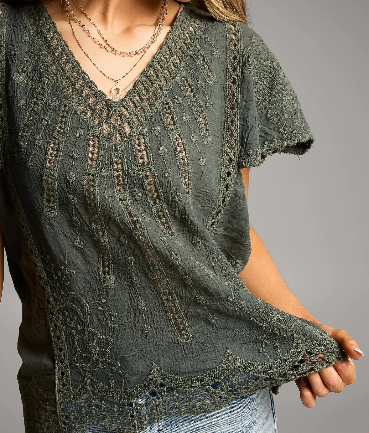 Tops | BKE Embroidered Crochet Top Thyme