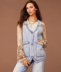 Tops|Coats & Jackets | Sterling & Stitch Embroidered Denim Vest Light Wash