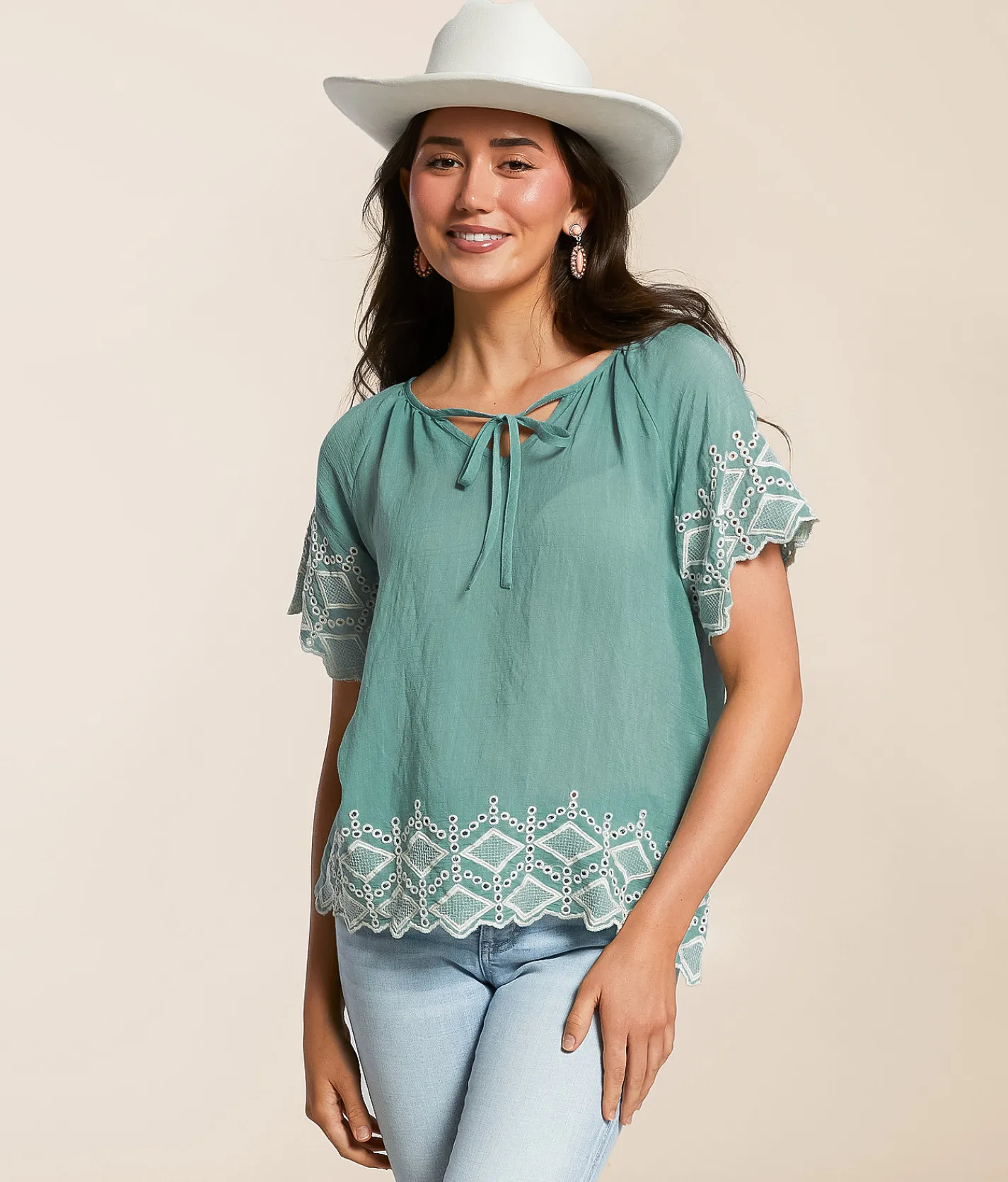 Tops | Daytrip Embroidered Eyelet Top Dusty Aqua