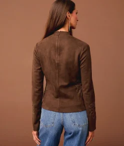 Sterling & Stitch Embroidered Faux Suede Top Chestnut Clearance