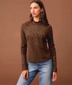 Sterling & Stitch Embroidered Faux Suede Top Chestnut Clearance