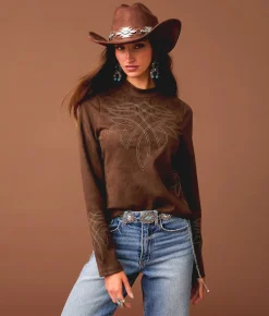 Sterling & Stitch Embroidered Faux Suede Top Chestnut Clearance