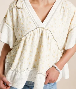 POL Embroidered Floral Babydoll Top Almond Discount