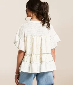 POL Embroidered Floral Babydoll Top Almond Discount