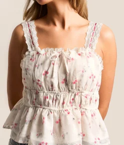 Lush Embroidered Floral Chiffon Cropped Tank Top Cream Pink Online