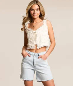 Lush Embroidered Floral Chiffon Cropped Tank Top Cream Pink Best