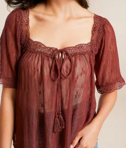 Tops | Daytrip Embroidered Floral Mesh Top Apple Butter