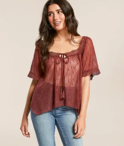 Tops | Daytrip Embroidered Floral Mesh Top Apple Butter