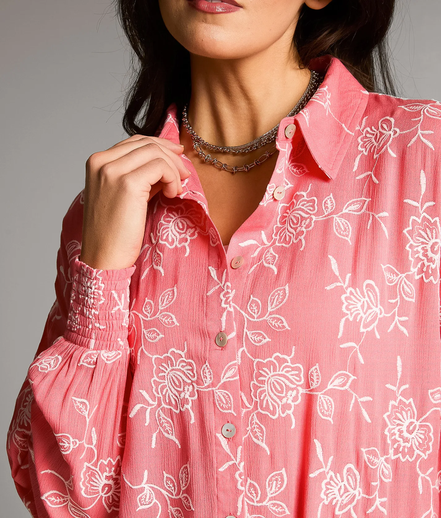 Tops | BKE Embroidered Floral Oversized Blouse Coral Cream