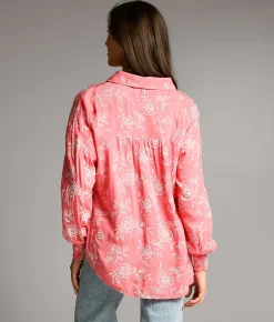 Tops | BKE Embroidered Floral Oversized Blouse Coral Cream