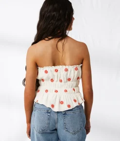 Tops | 33 Coastal Embroidered Floral Peplum Tube Top Ivory Red