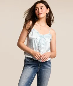 Tops | Lush Embroidered Floral Satin RuffleTank Top Blue