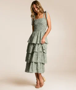 Dresses | Willow & Root Embroidered Floral Tiered Midi Dress Sage White