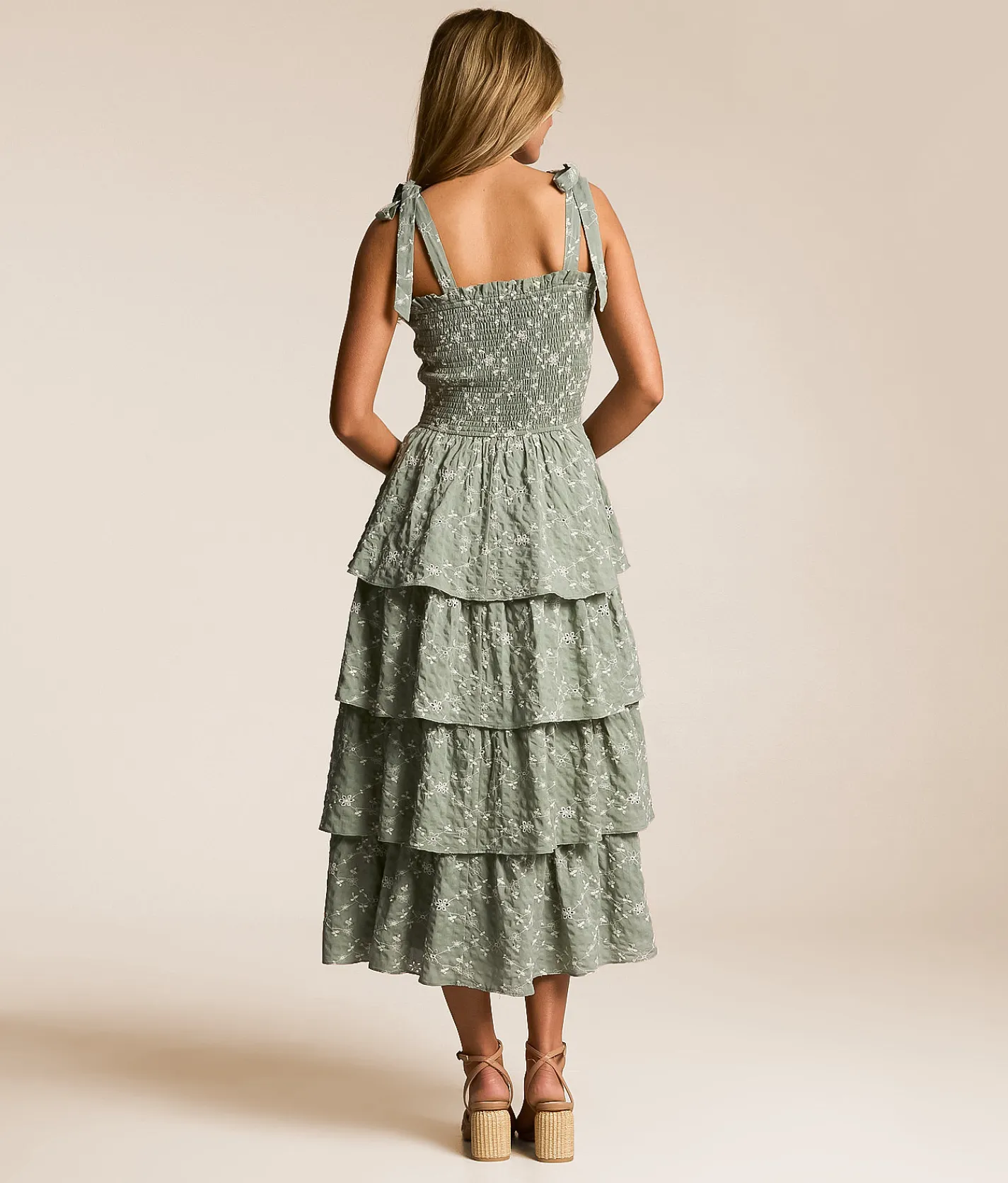 Dresses | Willow & Root Embroidered Floral Tiered Midi Dress Sage White