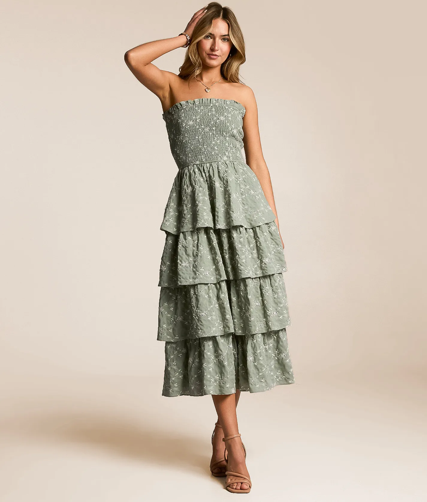 Dresses | Willow & Root Embroidered Floral Tiered Midi Dress Sage White