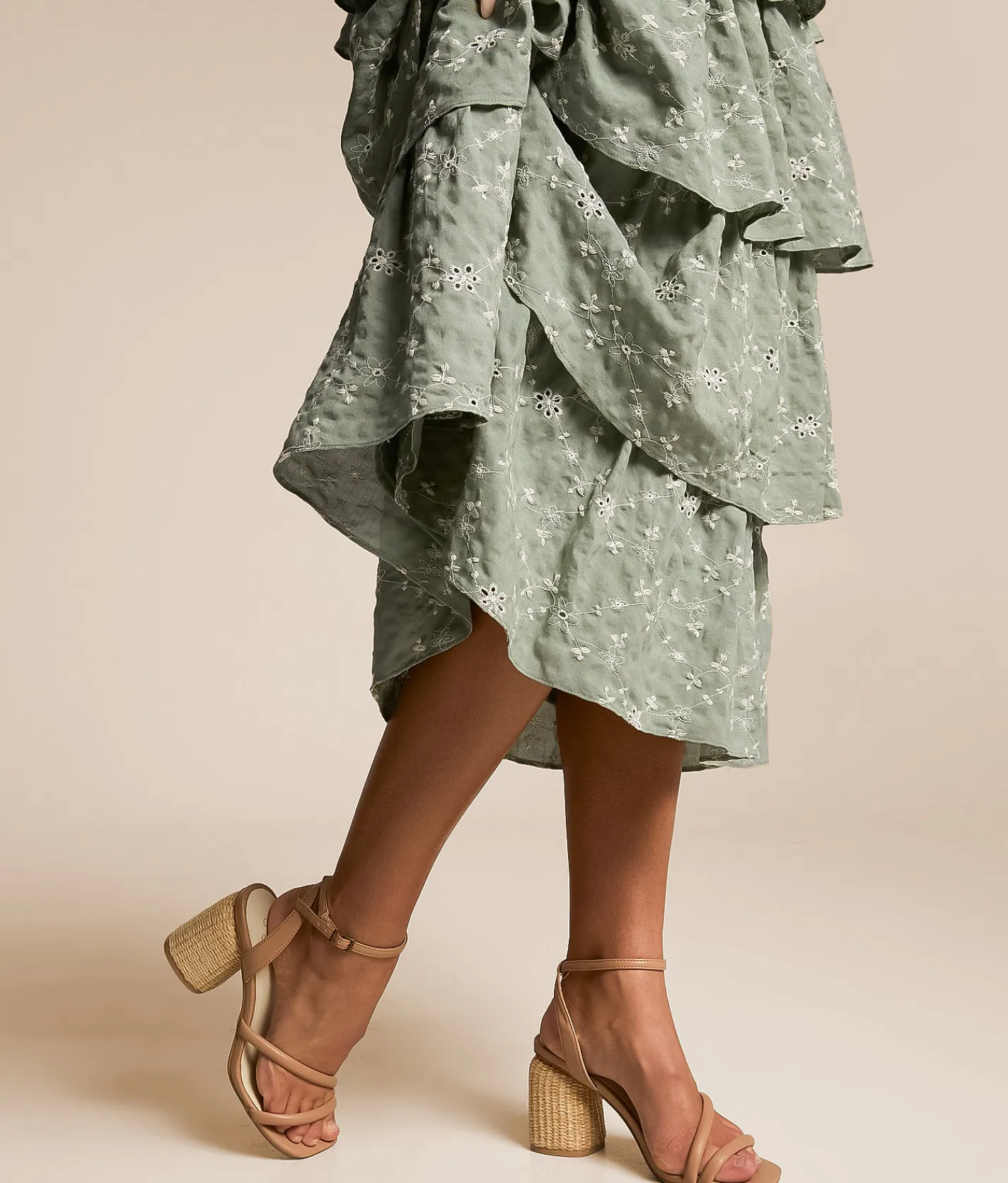 Dresses | Willow & Root Embroidered Floral Tiered Midi Dress Sage White