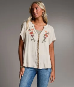 BKE Embroidered Floral Top Cream