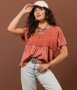 Gimmicks Embroidered Floral Top Light Mahogany Clearance
